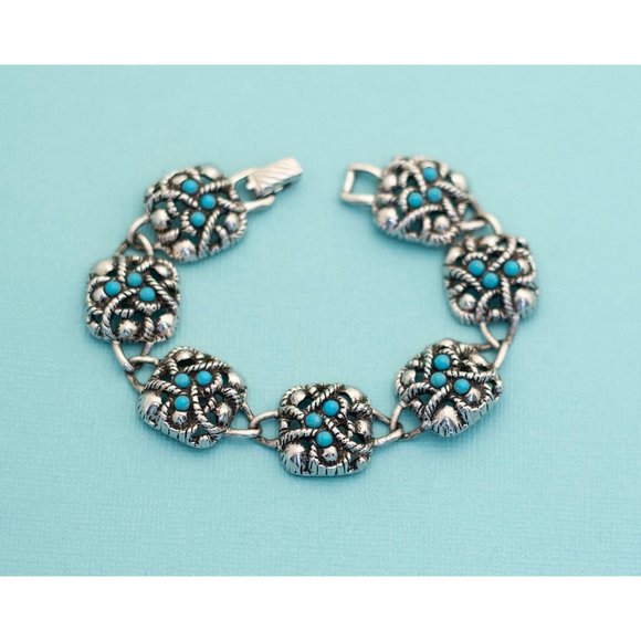 Vintage Blue and Silver Tone Art Nouveau 7 3/4 Inch Bracelet by Avon, E24 - Picture 1 of 4